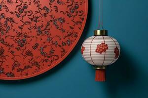 Chinese new year background with traditional lanterns, sakura flowers and copy space. Lunar new year concept by AI Generated photo