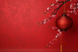 Chinese new year background with traditional lanterns, sakura flowers and copy space. Lunar new year concept by AI Generated photo