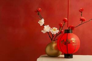 Chinese new year background with traditional lanterns, sakura flowers and copy space. Lunar new year concept by AI Generated photo