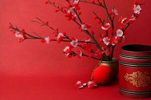 Chinese new year background with traditional lanterns, sakura flowers and copy space. Lunar new year concept by AI Generated photo