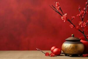 Chinese new year background with traditional lanterns, sakura flowers and copy space. Lunar new year concept by AI Generated photo