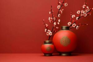 Chinese new year background with traditional lanterns, sakura flowers and copy space. Lunar new year concept by AI Generated photo