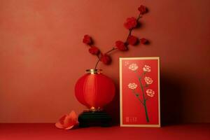 Chinese new year background with traditional lanterns, sakura flowers and copy space. Lunar new year concept by AI Generated photo