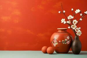 Chinese new year background with traditional lanterns, sakura flowers and copy space. Lunar new year concept by AI Generated photo