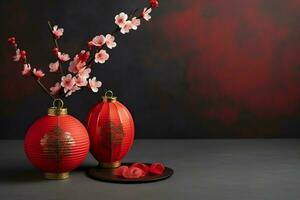 Chinese new year background with traditional lanterns, sakura flowers and copy space. Lunar new year concept by AI Generated photo