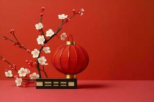 Chinese new year background with traditional lanterns, sakura flowers and copy space. Lunar new year concept by AI Generated photo