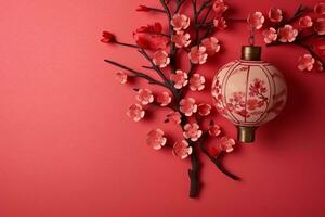 Chinese new year background with traditional lanterns, sakura flowers and copy space. Lunar new year concept by AI Generated photo