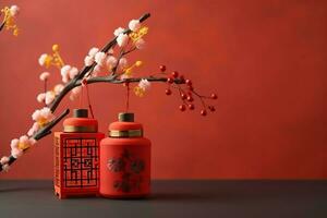 Chinese new year background with traditional lanterns, sakura flowers and copy space. Lunar new year concept by AI Generated photo