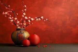 Chinese new year background with traditional lanterns, sakura flowers and copy space. Lunar new year concept by AI Generated photo