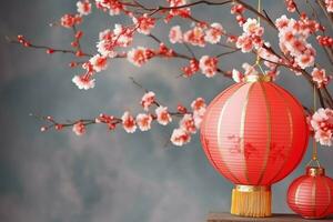 Chinese new year background with traditional lanterns, sakura flowers and copy space. Lunar new year concept by AI Generated photo