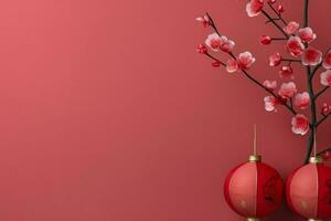 Chinese new year background with traditional lanterns, sakura flowers and copy space. Lunar new year concept by AI Generated photo