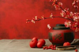 Chinese new year background with traditional lanterns, sakura flowers and copy space. Lunar new year concept by AI Generated photo