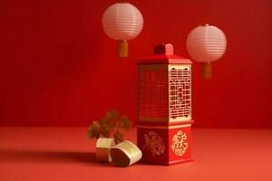 Chinese new year background with traditional lanterns, sakura flowers and copy space. Lunar new year concept by AI Generated photo