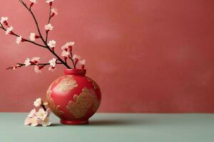 Chinese new year background with traditional lanterns, sakura flowers and copy space. Lunar new year concept by AI Generated photo