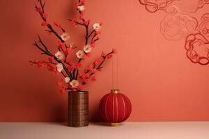 Chinese new year background with traditional lanterns, sakura flowers and copy space. Lunar new year concept by AI Generated photo