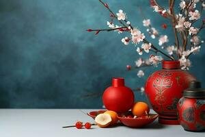 Chinese new year background with traditional lanterns, sakura flowers and copy space. Lunar new year concept by AI Generated photo