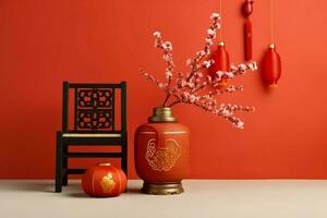 Chinese new year background with traditional lanterns, sakura flowers and copy space. Lunar new year concept by AI Generated photo