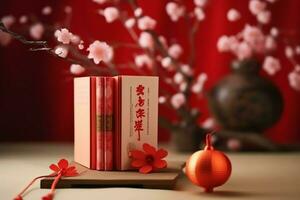 Chinese new year background with traditional lanterns, sakura flowers and copy space. Lunar new year concept by AI Generated photo