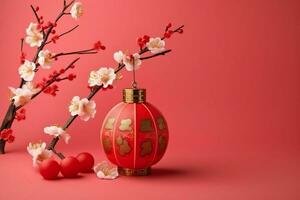 Chinese new year background with traditional lanterns, sakura flowers and copy space. Lunar new year concept by AI Generated photo