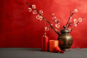 Chinese new year background with traditional lanterns, sakura flowers and copy space. Lunar new year concept by AI Generated photo