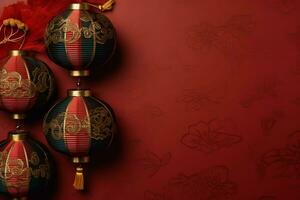Chinese new year background with traditional lanterns, sakura flowers and copy space. Lunar new year concept by AI Generated photo