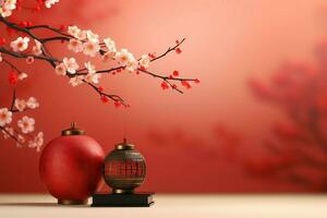 Chinese new year background with traditional lanterns, sakura flowers and copy space. Lunar new year concept by AI Generated photo