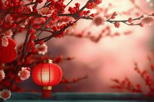 Chinese new year background with traditional lanterns, sakura flowers and copy space. Lunar new year concept by AI Generated photo