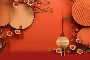 Chinese new year background with traditional lanterns, sakura flowers and copy space. Lunar new year concept by AI Generated photo