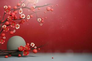 Chinese new year background with traditional lanterns, sakura flowers and copy space. Lunar new year concept by AI Generated photo