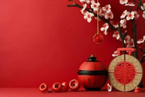 Chinese new year background with traditional lanterns, sakura flowers and copy space. Lunar new year concept by AI Generated photo