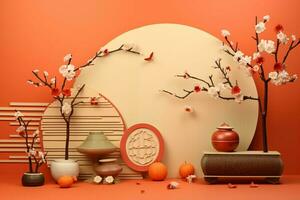 Chinese new year background with traditional lanterns, sakura flowers and copy space. Lunar new year concept by AI Generated photo