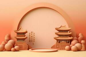 Chinese new year background with traditional lanterns, sakura flowers and copy space. Lunar new year concept by AI Generated photo