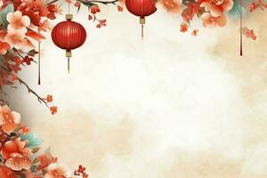 Chinese new year background with traditional lanterns, sakura flowers and copy space. Lunar new year concept by AI Generated photo