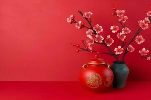 Chinese new year background with traditional lanterns, sakura flowers and copy space. Lunar new year concept by AI Generated photo