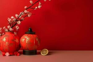 Chinese new year background with traditional lanterns, sakura flowers and copy space. Lunar new year concept by AI Generated photo