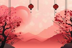 Chinese new year background with traditional lanterns, sakura flowers and copy space. Lunar new year concept by AI Generated photo