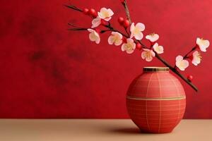 Chinese new year background with traditional lanterns, sakura flowers and copy space. Lunar new year concept by AI Generated photo