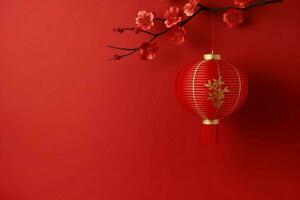 Chinese new year background with traditional lanterns, sakura flowers and copy space. Lunar new year concept by AI Generated photo