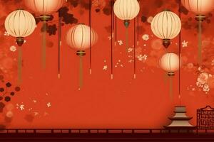 Chinese new year background with traditional lanterns, sakura flowers and copy space. Lunar new year concept by AI Generated photo