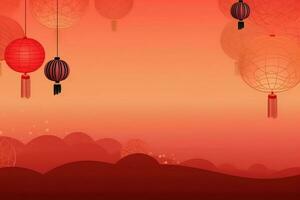 Chinese new year background with traditional lanterns, sakura flowers and copy space. Lunar new year concept by AI Generated photo