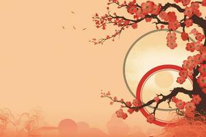 Chinese new year background with traditional lanterns, sakura flowers and copy space. Lunar new year concept by AI Generated photo