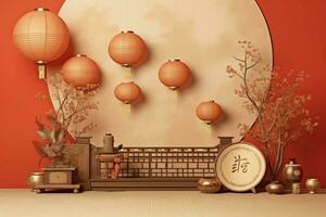 Chinese new year background with traditional lanterns, sakura flowers and copy space. Lunar new year concept by AI Generated photo