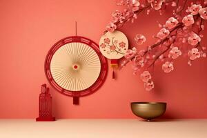 Chinese new year background with traditional lanterns, sakura flowers and copy space. Lunar new year concept by AI Generated photo