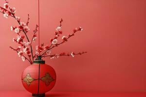 Chinese new year background with traditional lanterns, sakura flowers and copy space. Lunar new year concept by AI Generated photo