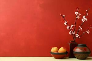 Chinese new year background with traditional lanterns, sakura flowers and copy space. Lunar new year concept by AI Generated photo