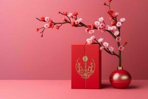 Chinese new year background with traditional lanterns, sakura flowers and copy space. Lunar new year concept by AI Generated photo