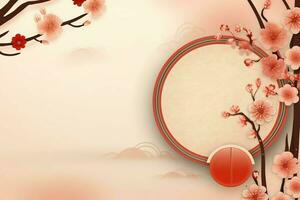 Chinese new year background with traditional lanterns, sakura flowers and copy space. Lunar new year concept by AI Generated photo