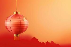 Chinese new year background with traditional lanterns, sakura flowers and copy space. Lunar new year concept by AI Generated photo