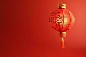 chino nuevo año antecedentes con tradicional linternas, sakura flores y Copiar espacio. lunar nuevo año concepto por ai generado foto