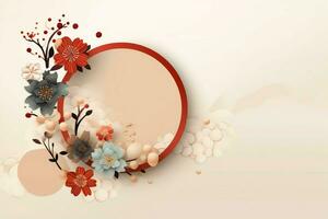 Chinese new year background with traditional lanterns, sakura flowers and copy space. Lunar new year concept by AI Generated photo